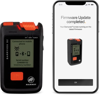 Mammut Barryvox S2 LVS-Gerät und abgeschlossenes Firmware-Update auf dem Telefon. Mammut Barryvox S2 LVS-Gerät und abgeschlossenes Firmware-Update auf dem Telefon.