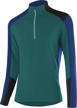 Langarmshirt aus dunkelgrünem Stoff mit blauen und schwarzen Einsätzen.