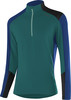 Langarmshirt aus dunkelgrünem Stoff mit blauen und schwarzen Einsätzen.
