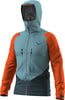 Blaue Herrenjacke mit orangefarbenen Ärmeln und Kapuze.
