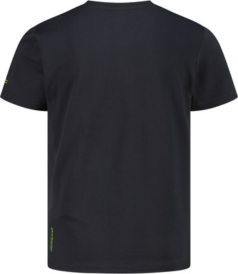 Schwarzes T-Shirt mit kurzen Ärmeln und grünem Detail am Saum. Schwarzes T-Shirt mit kurzen Ärmeln und grünem Detail am Saum.