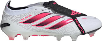 Weiße Adidas Predator Fußballschuhe mit pinken Streifen und schwarzem Band.