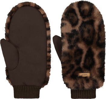 Braune Kunstpelz-Fäustlinge mit Leopardenmuster und dunklem Bund.