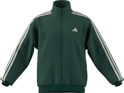 Grüne Adidas Jacke mit weißen Streifen an den Ärmeln und Logo. Grüne Adidas Jacke mit weißen Streifen an den Ärmeln und Logo.