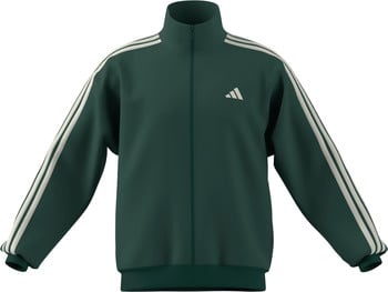 Grüne Adidas Jacke mit weißen Streifen an den Ärmeln und Logo.