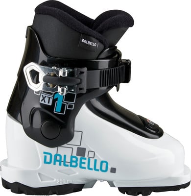 Weißer Skischuh für Kinder von Dalbello mit schwarzen Details und blauem Logo. Weißer Skischuh für Kinder von Dalbello mit schwarzen Details und blauem Logo.