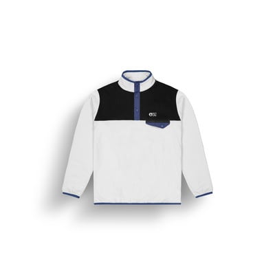 Weiße Fleecejacke mit schwarzem Oberteil und blauen Akzenten.