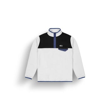 Weiße Fleecejacke mit schwarzem Oberteil und blauen Akzenten.