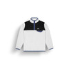Weiße Fleecejacke mit schwarzem Oberteil und blauen Akzenten.