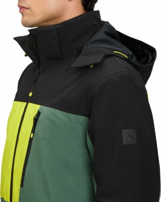 Herrenjacke mit hohem Kragen und Kapuze, in Schwarz, Grün und Gelb. Herrenjacke mit hohem Kragen und Kapuze, in Schwarz, Grün und Gelb.