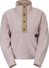 Eine rosa Fleecejacke mit beigem Besatz und Druckknöpfen.
