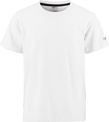 Weißes T-Shirt mit kurzen Ärmeln und Markenlogo auf dem Ärmel. Weißes T-Shirt mit kurzen Ärmeln und Markenlogo auf dem Ärmel.
