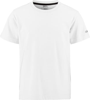 Weißes T-Shirt mit kurzen Ärmeln und Markenlogo auf dem Ärmel.