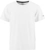 Weißes T-Shirt mit kurzen Ärmeln und Markenlogo auf dem Ärmel.