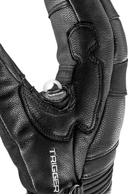 Schwarze Lederhandschuhe mit weißem TRIGGER-Logo und Schlaufe. Schwarze Lederhandschuhe mit weißem TRIGGER-Logo und Schlaufe.