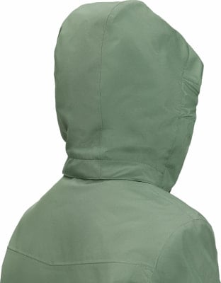 Rückansicht einer grünen Jacke mit Kapuze und Kragen. Rückansicht einer grünen Jacke mit Kapuze und Kragen.