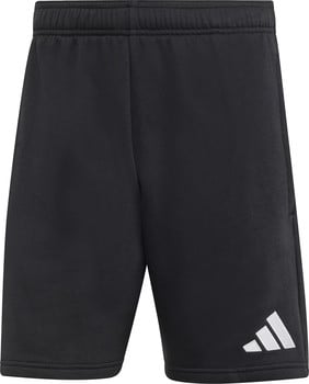 Schwarze Adidas Shorts mit weißem Logo am rechten Bein.