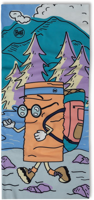 Eine orangefarbene Figur mit Rucksack und Brille wandert durch die Landschaft. Eine orangefarbene Figur mit Rucksack und Brille wandert durch die Landschaft.