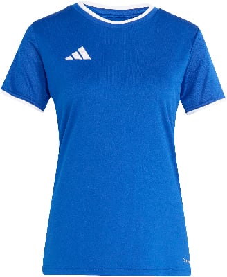 Blaues Sport-T-Shirt mit weißem Saum und Adidas-Logo. Blaues Sport-T-Shirt mit weißem Saum und Adidas-Logo.