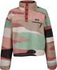 Damen-Fleecejacke mit buntem Camouflage-Muster und Druckknopfverschluss.