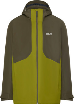 Grüne Herrenjacke mit Jack Wolfskin-Logo und kontrastierenden Einsätzen.