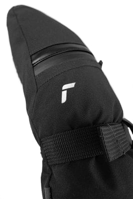 Schwarze Skihandschuhe mit Logo und verstellbarem Riemen. Schwarze Skihandschuhe mit Logo und verstellbarem Riemen.