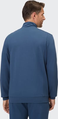 Rückansicht eines Mannes in einem dunkelblauen Sweatshirt mit Stehkragen und langen Ärmeln. Rückansicht eines Mannes in einem dunkelblauen Sweatshirt mit Stehkragen und langen Ärmeln.