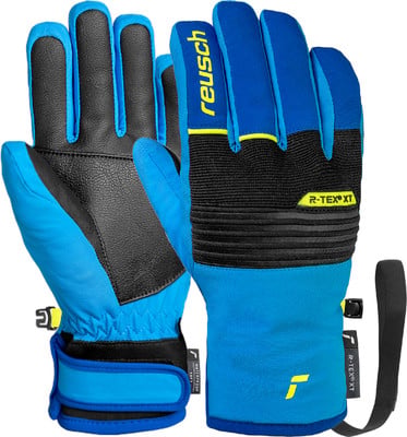 Blaue Reusch Skihandschuhe mit schwarzen Details und Reusch-Logo. Blaue Reusch Skihandschuhe mit schwarzen Details und Reusch-Logo.