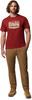 Mann in rotem T-Shirt mit Bergmotiv, brauner Hose und Schuhen.