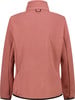 Rückansicht einer rosa Fleecejacke mit hohem Kragen und schwarzer Paspel.