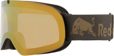 Skibrille mit bronzefarbener Spiegellinse und rotem Bullen-Logo-Riemen.