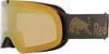 Skibrille mit bronzefarbener Spiegellinse und rotem Bullen-Logo-Riemen.