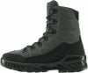Grauer knöchelhoher Stiefel mit schwarzer Sohle und Schnürsenkeln.