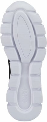 Ansicht der Sohle eines weißen Sneakers mit schwarzem Streifen und JAKO-Logo. Ansicht der Sohle eines weißen Sneakers mit schwarzem Streifen und JAKO-Logo.