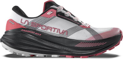 Weiße Laufschuhe mit rosa und schwarzen Details und einer auffälligen Sohle.
