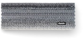 Graues Strickstirnband mit Farbverlauf und Eisbär-Logo.