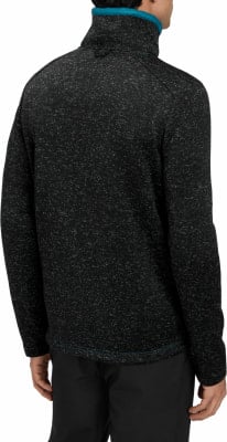 Rückansicht eines Mannes in einer schwarzen Melange-Fleecejacke mit türkisfarbenem Kragen. Rückansicht eines Mannes in einer schwarzen Melange-Fleecejacke mit türkisfarbenem Kragen.