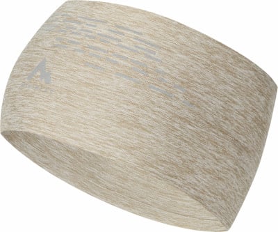 Beige Stirnband mit reflektierenden Streifen und Logo oben. Beige Stirnband mit reflektierenden Streifen und Logo oben.