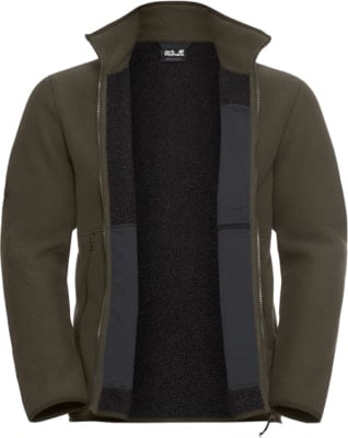 Grüne Jack Wolfskin Herren Fleecejacke mit offenem Reißverschluss und schwarzem Futter. Grüne Jack Wolfskin Herren Fleecejacke mit offenem Reißverschluss und schwarzem Futter.