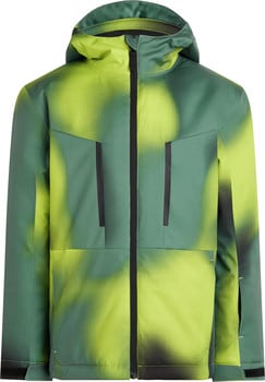 Grüne Jacke mit limettengrünem Muster und schwarzem Reißverschluss.