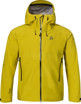 Gelbe Herren-Regenjacke mit Kapuze und Logo auf der Brust. Gelbe Herren-Regenjacke mit Kapuze und Logo auf der Brust.