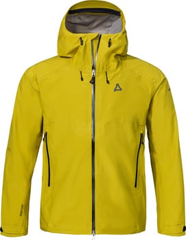Gelbe Herren-Regenjacke mit Kapuze und Logo auf der Brust.