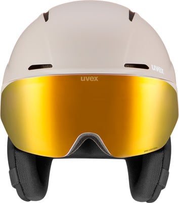 UVEX Skhelm mit goldenem Visier und schwarzen Seitenteilen.