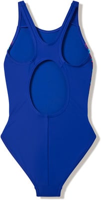 Blauer Badeanzug mit Rückenausschnitt und buntem Detail.