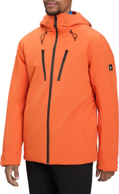 Orange Herrenjacke mit schwarzen Reißverschlüssen und Kapuze. Orange Herrenjacke mit schwarzen Reißverschlüssen und Kapuze.