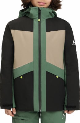 Eine Kapuzenjacke in Schwarz, Beige und Grün mit Farbblöcken.