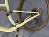 Das Hinterteil eines leichten Mountainbikes mit Dämpfer und Kette.