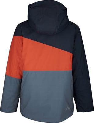 Rückseite einer dunkelblauen Jacke mit orange-grauem Streifen. Rückseite einer dunkelblauen Jacke mit orange-grauem Streifen.