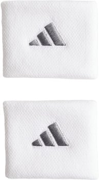 Zwei weiße Frottee-Armbänder mit Adidas-Logo.