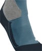 Blauer Socken mit grauem und dunkelblauem Detail und Logo.